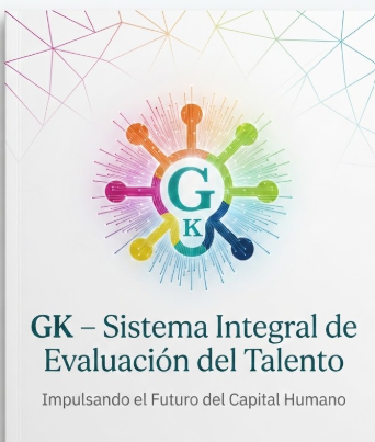 Portada del “GK – Sistema Integral de Evaluación del Talento”, con un logotipo circular multicolor que representa la integración de diferentes dimensiones del talento humano. El diseño utiliza un fondo blanco con líneas geométricas sutiles en tonos pastel. Debajo del logotipo aparece el nombre del sistema y el lema: “Impulsando el Futuro del Capital Humano”.