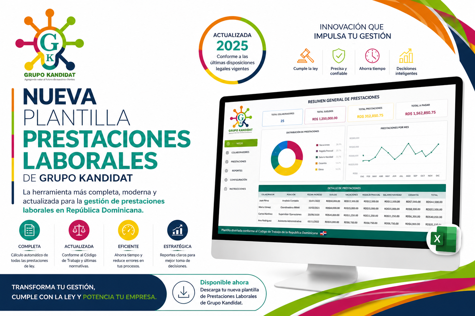 Nueva plantilla de Prestaciones Laborales de Grupo Kandidat, diseñada con una imagen corporativa moderna sobre fondo blanco y la paleta multicolor del logotipo. La composición presenta un dashboard de Excel con cálculos, reportes y seguimiento de prestaciones, destacando innovación, precisión, eficiencia y cumplimiento de la normativa laboral de la República Dominicana.