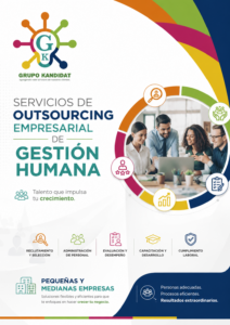 Grupo Kandidat sobre servicios de outsourcing empresarial de Gestión Humana para pequeñas y medianas empresas. Presenta servicios de reclutamiento y selección, administración de personal, evaluación y desempeño, capacitación y desarrollo, y cumplimiento laboral. El diseño utiliza los colores corporativos azul, verde, turquesa, naranja, magenta y amarillo, con una imagen de un equipo profesional trabajando y el mensaje: “Talento que impulsa tu crecimiento”.