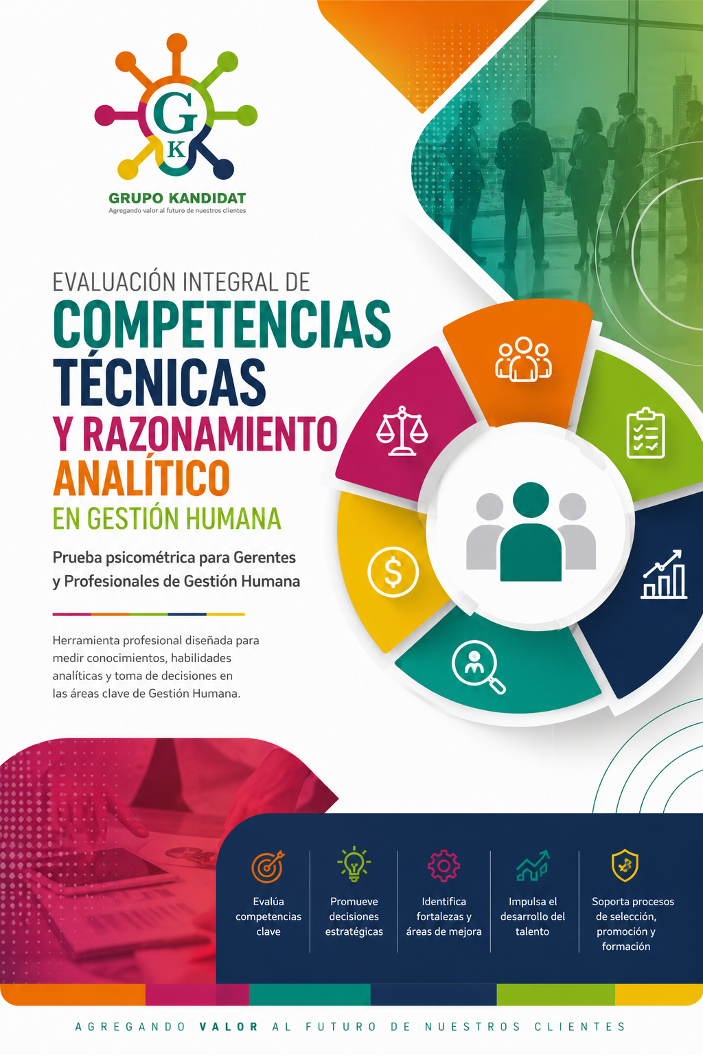 Portada de una prueba psicométrica de Grupo Kandidat titulada “Evaluación Integral de Competencias Técnicas y Razonamiento Analítico en Gestión Humana”. El diseño presenta el logotipo de Grupo Kandidat, una composición circular con íconos de liderazgo, evaluación, finanzas, análisis y desarrollo profesional, junto con una imagen de profesionales en un entorno corporativo. La herramienta está dirigida a gerentes y profesionales de Gestión Humana para evaluar competencias clave, habilidades analíticas y toma de decisiones, apoyando procesos de selección, promoción, formación y desarrollo del talento.